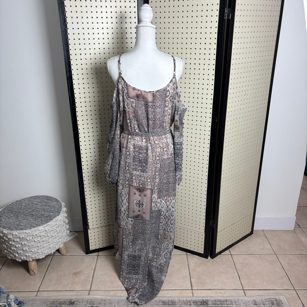 Cold Shoulder Maxi Patchwork Print Dress w/ Belt Boho Indie - M - Picture 2 of 8